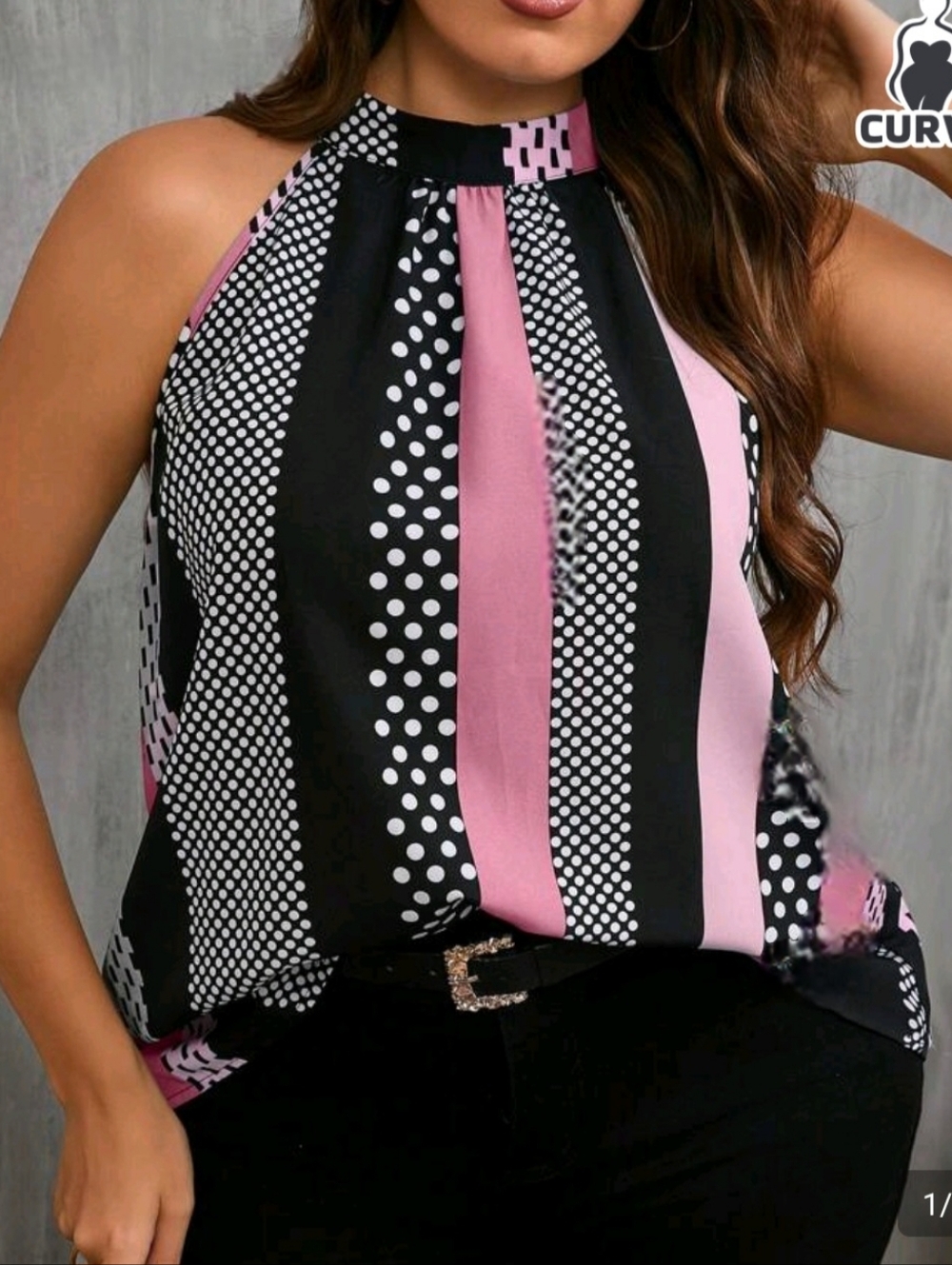 Polka Dot Halter Neck Women Top - Black and Pink Size 4XL (Shein)